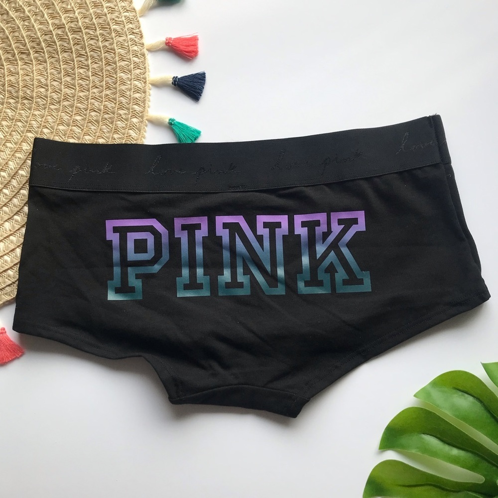 Victoria’s Secret PINK Logo Boyshort Pure Black with Graphic Medium NEW